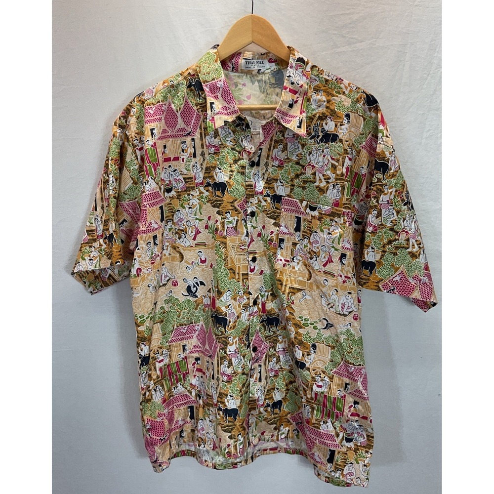 VTG Thai Silk By Apple Asian Oriental AOP Short Sleeve Button Up Shirt‎ US LG